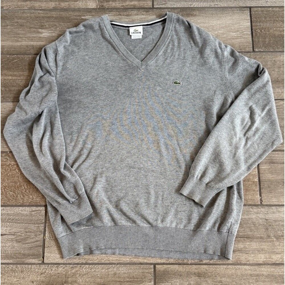 Lacoste Mens Size 6 Gray XL Sweater Pullover V Neck Long Sleeve 100% Cotton EUC